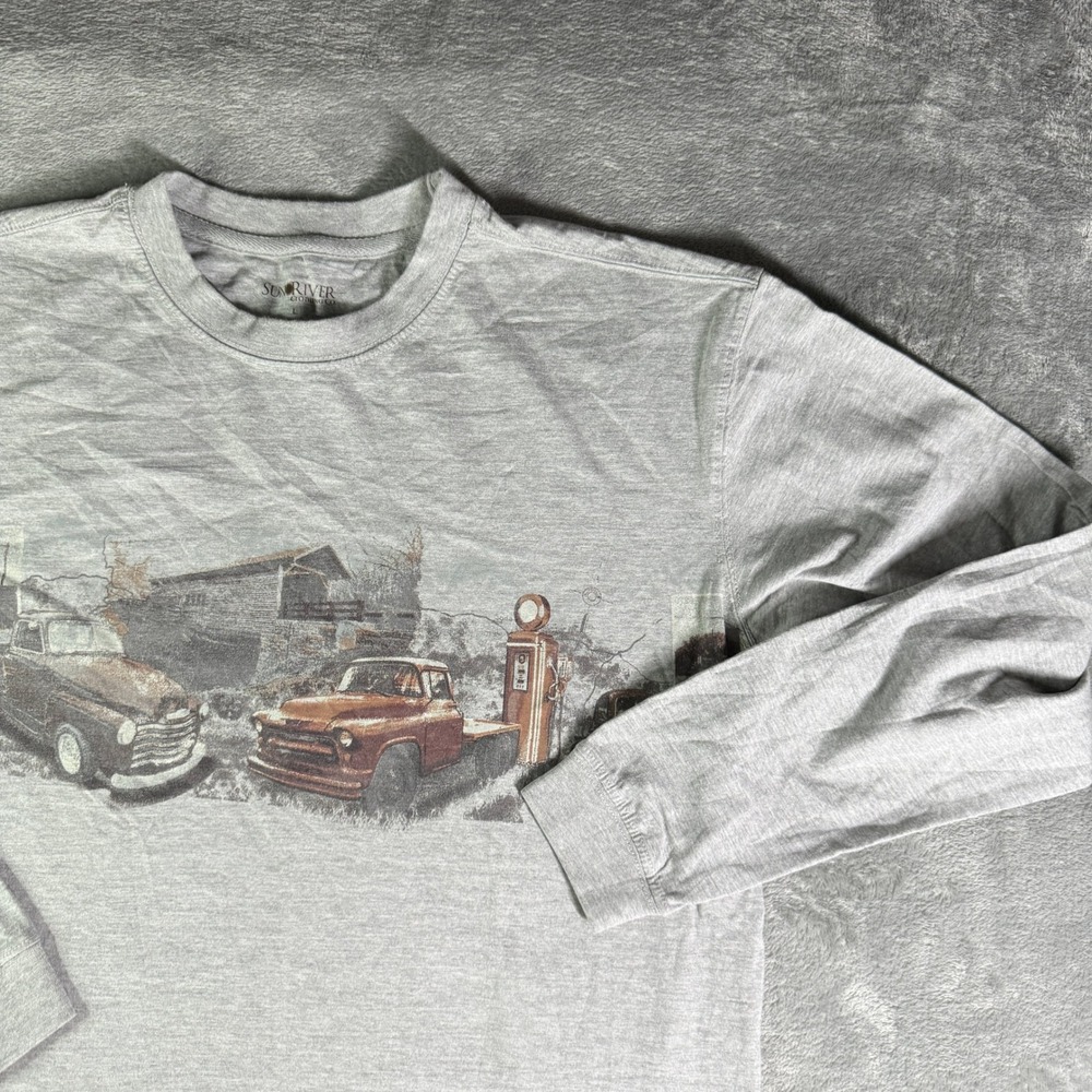Vintage Cars Gas Station Print Shirt long sleeve Gray Large